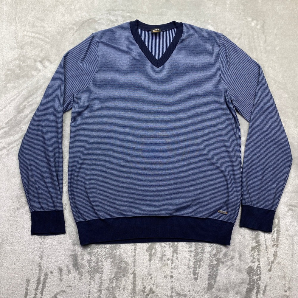HUGO BOSS‎ Mens Blue Striped V Neck Long Sleeve Sweater Knit Top Size L Preppy